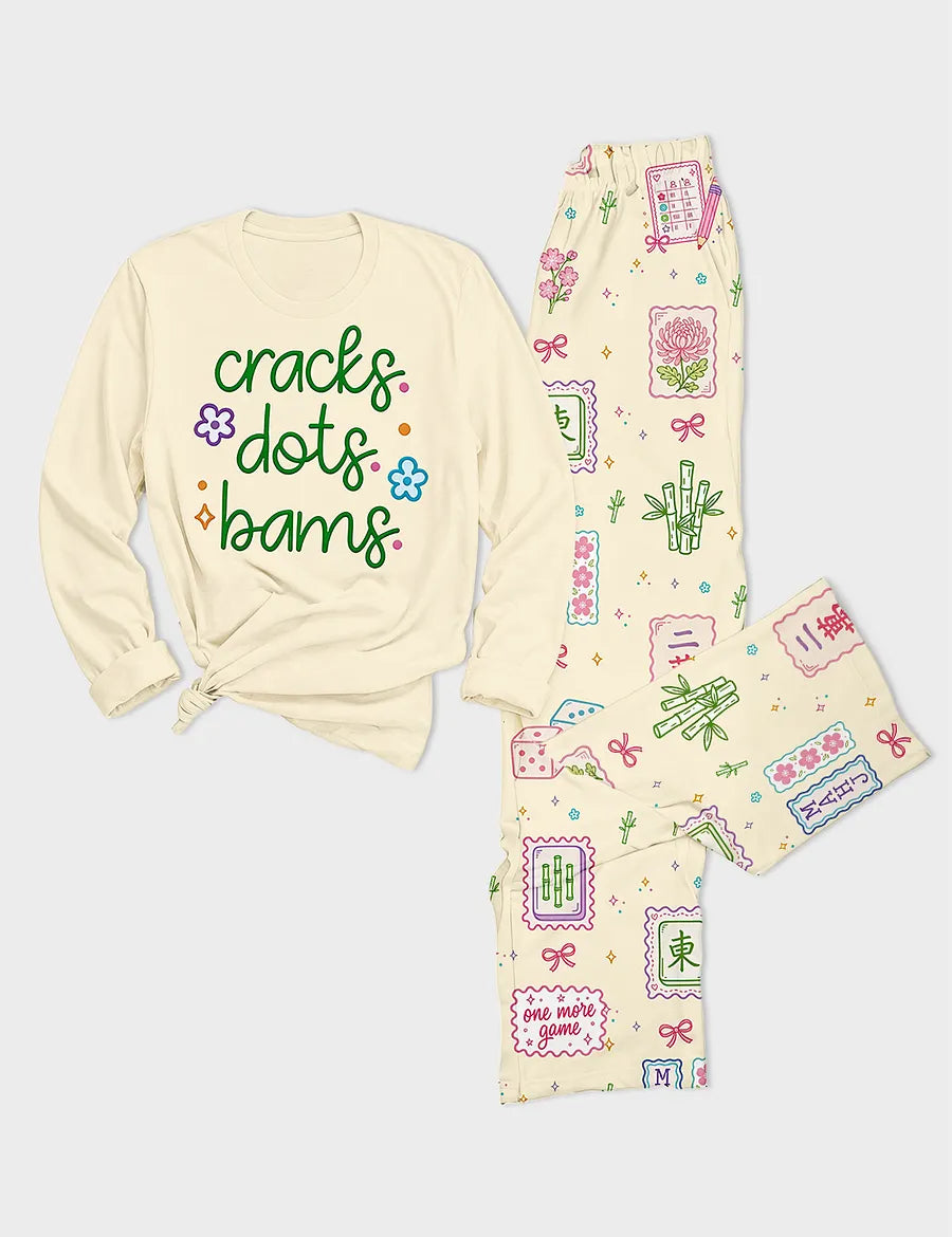 Women's Mahjong Pastel Game Long Sleeve Cotton T-Shirt Pajama Set