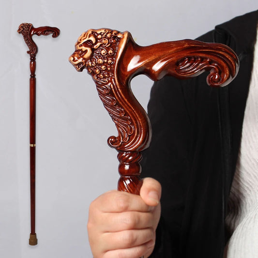 Wooden Walking Stick Cane Lion Head – Palm Grip Ergonomic Handle