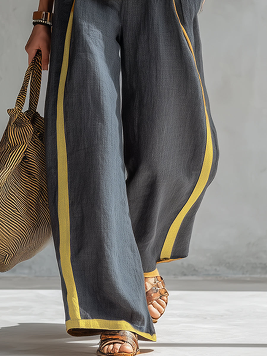 Leila | Contrast Trim Sleeveless Shell And Wide-Leg Linen Set