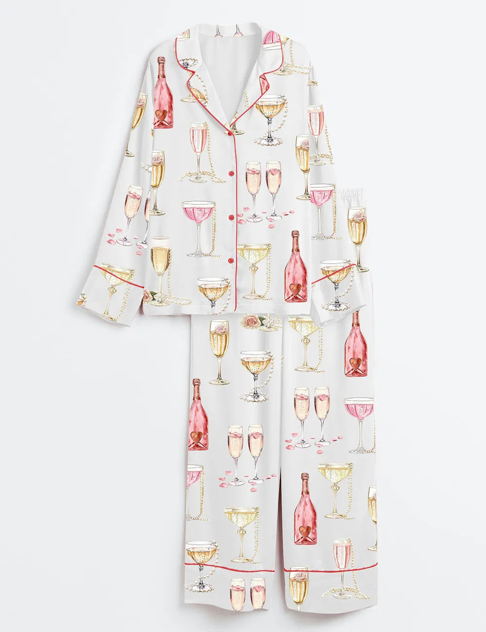 Women’s Pearls And Prosecco Bridal Shower Party Champagne Print Long Sleeve Satin Pajama Set