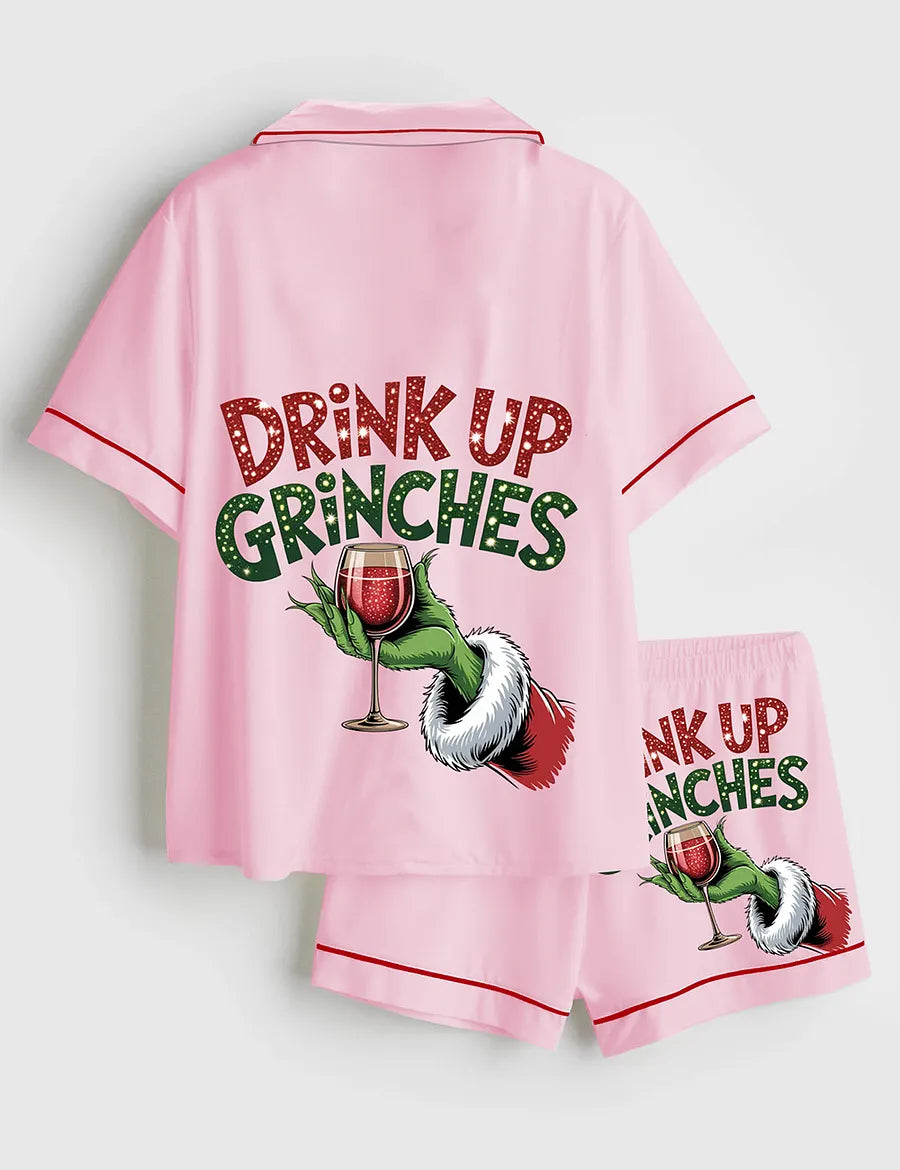 Women’s Drink Up Grinches Christmas Short Sleeve Satin Pajama Set