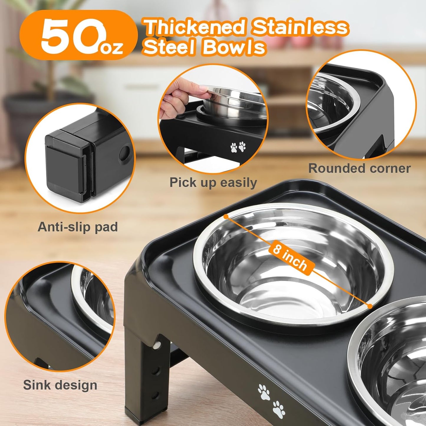 Elevated Dog Bowl Feeders - 4 Height Adjustable Raised Dog Bowl Stand with 2 Thick 50oz Stainless Steel Dog Food Bowls