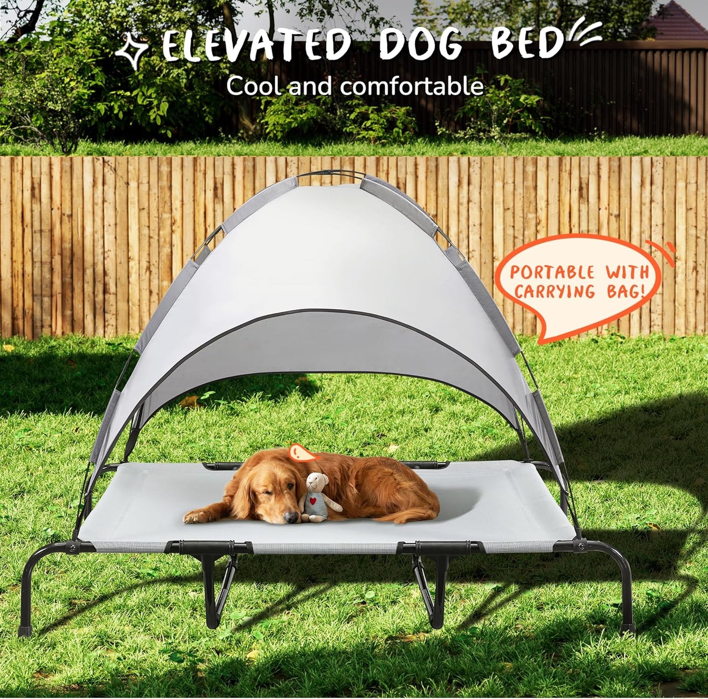 Outdoor Dog Bed with Canopy, XL Elevated Dog Bed, Dog Cot