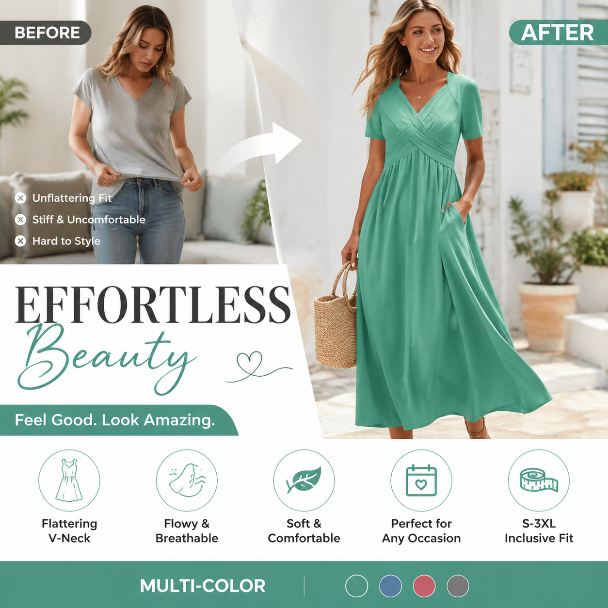 Flowy V-Neck Midi Dress – Soft & Breathable