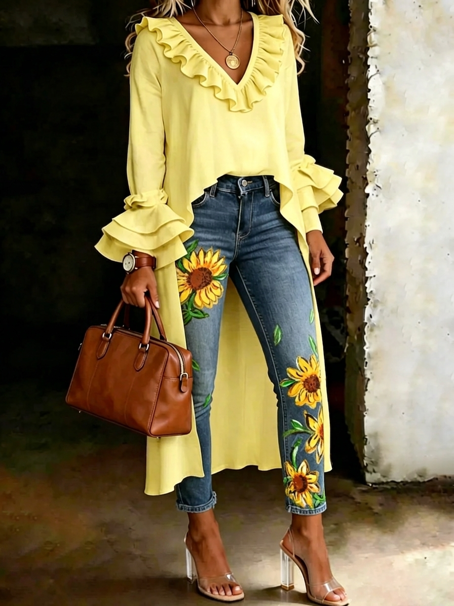 Women's Casual Solid Color Ruffled V-neck Cotton Shirt