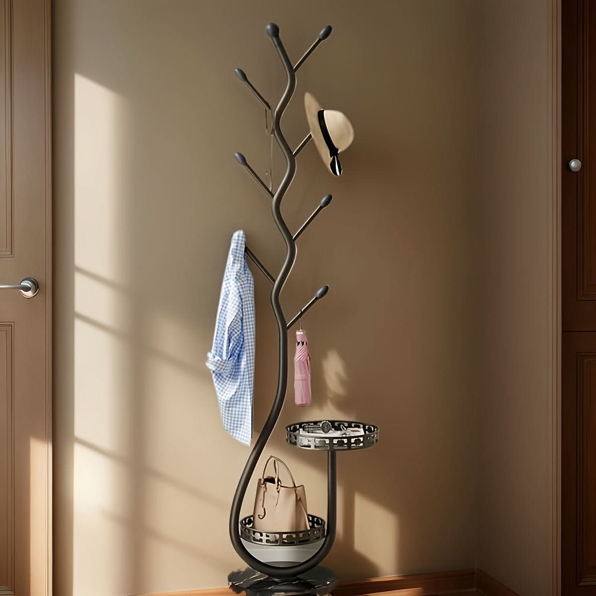 Nordic Elegance | Coat Rack Stand with Black Iron Tree Design | Space-Saving Organizer for Modern Interiors 3