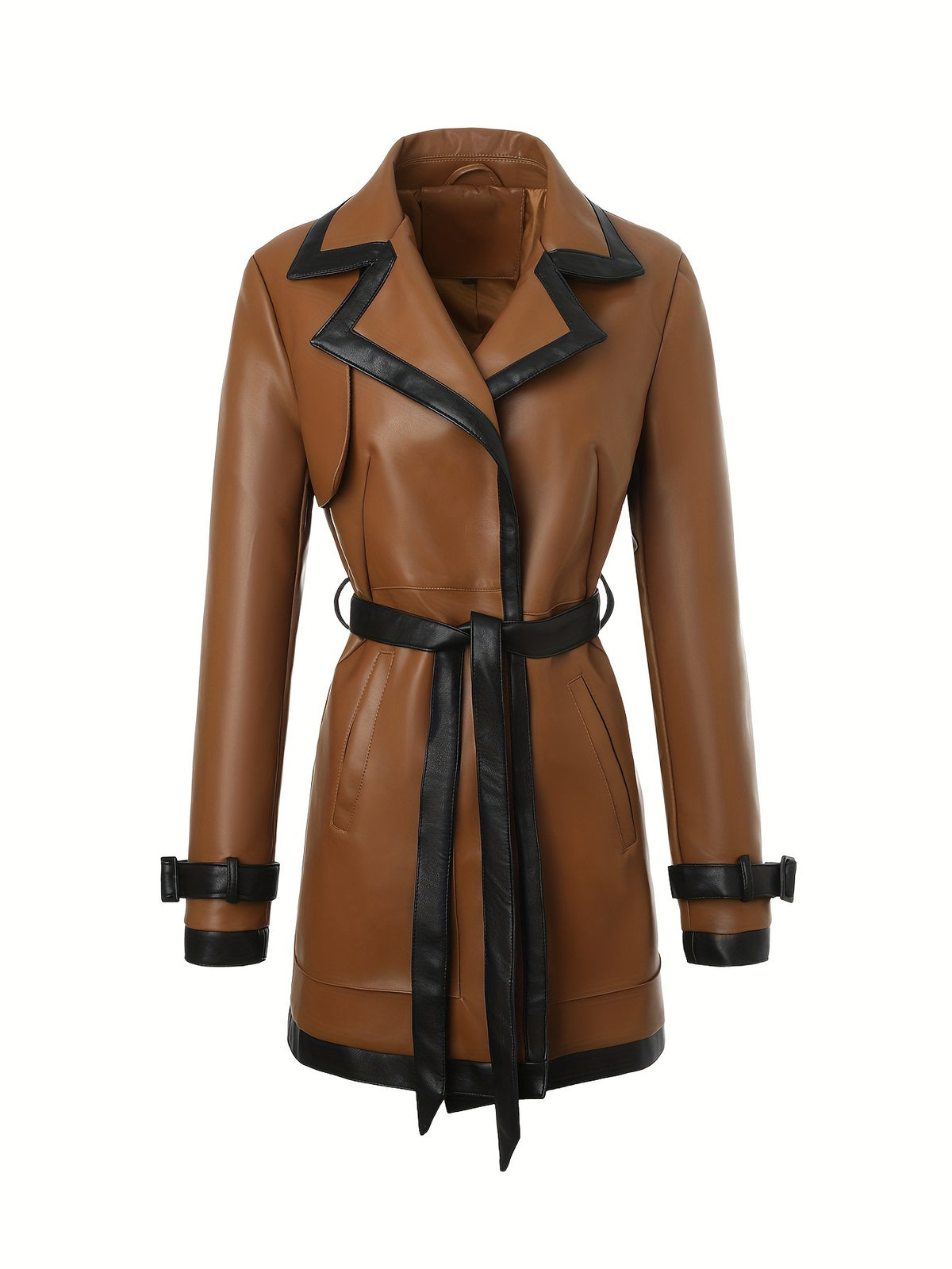 Noelle | Contrast Trim Belted Faux Leather Coat