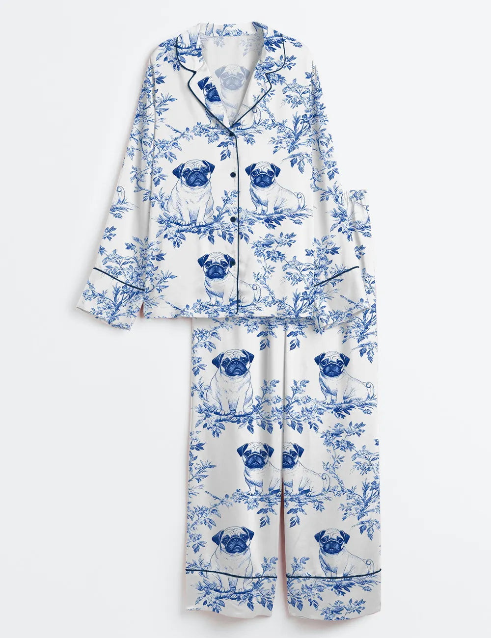 Women’s Pug French Dog Chinoiserie Art Long Sleeve Silky Satin Pajama Set