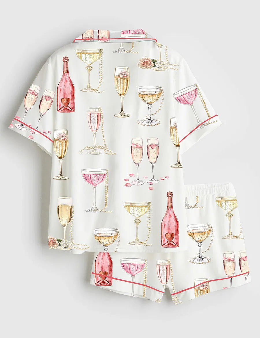 Women’s Pearls And Prosecco Bridal Shower Party Champagne Print Short Sleeve Satin Pajama Set