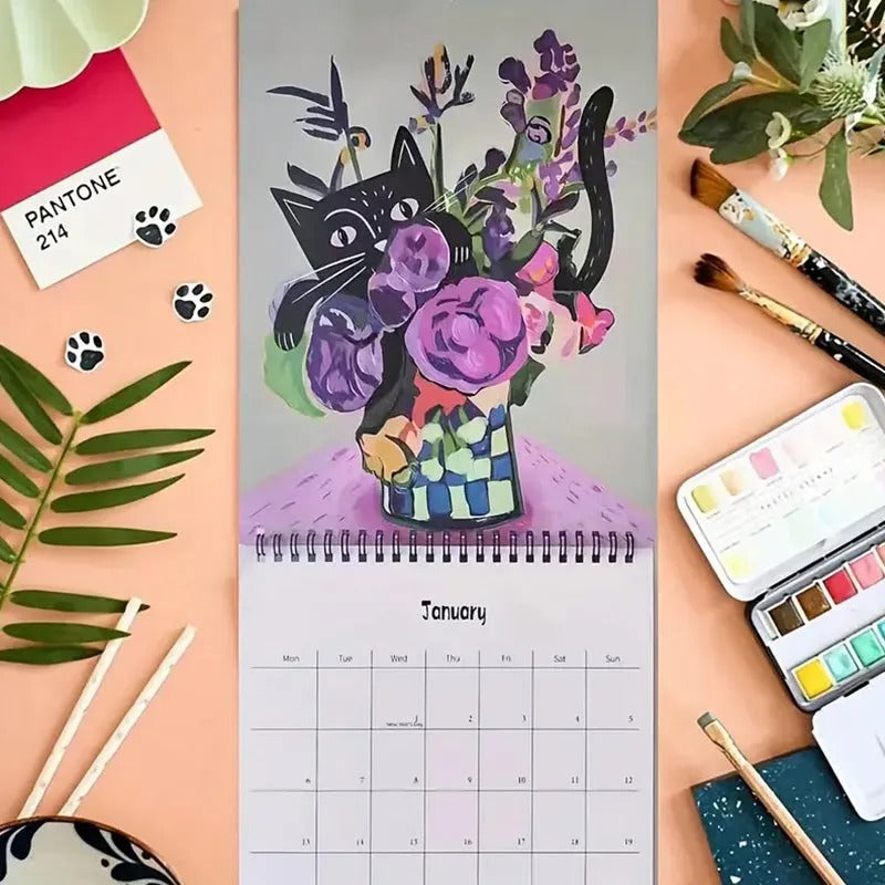 2025 Cat Art Wall Calendar with Thematic Illustrations
