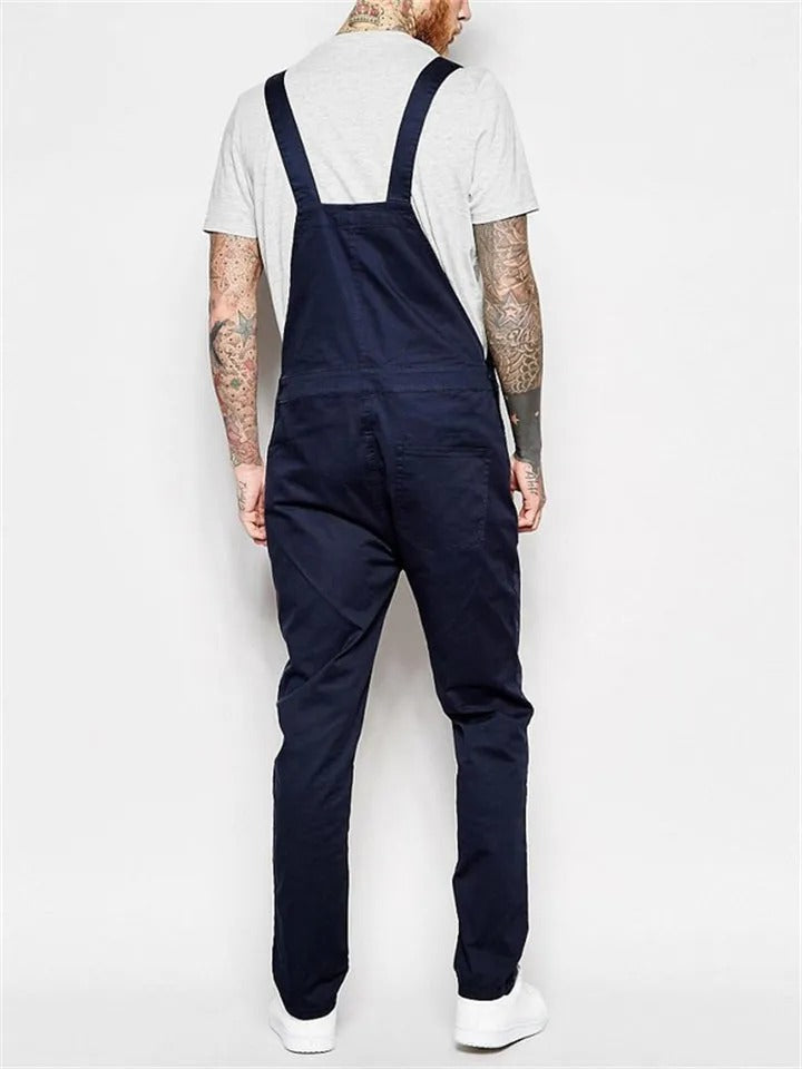 Men's Slim Trendy Solid Color Denim Overalls Jumpsuits