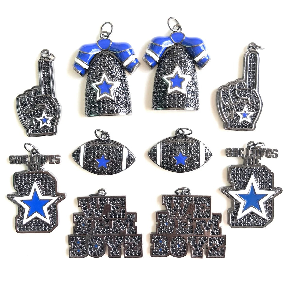 10PCS Cubic Zirconia Pave Dallas Football Cowboys Charm Set – Blue Star Sports Pendants for Bracelets & Necklaces
