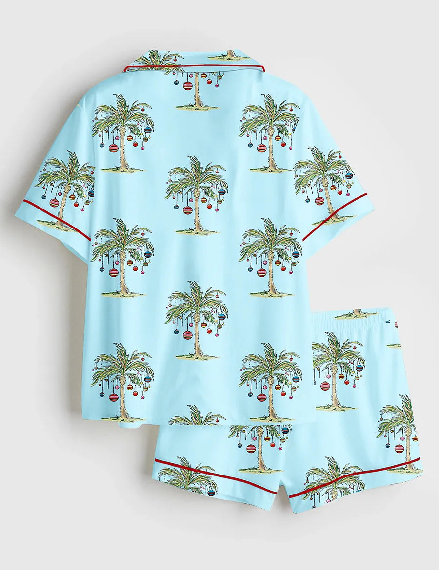 Women’s Tropical Christmas Aloha Holiday Beach Santa In July Hawaiian Print Short Sleeve Satin Pajama Set