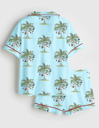 Women’s Tropical Christmas Aloha Holiday Beach Santa In July Hawaiian Print Short Sleeve Satin Pajama Set