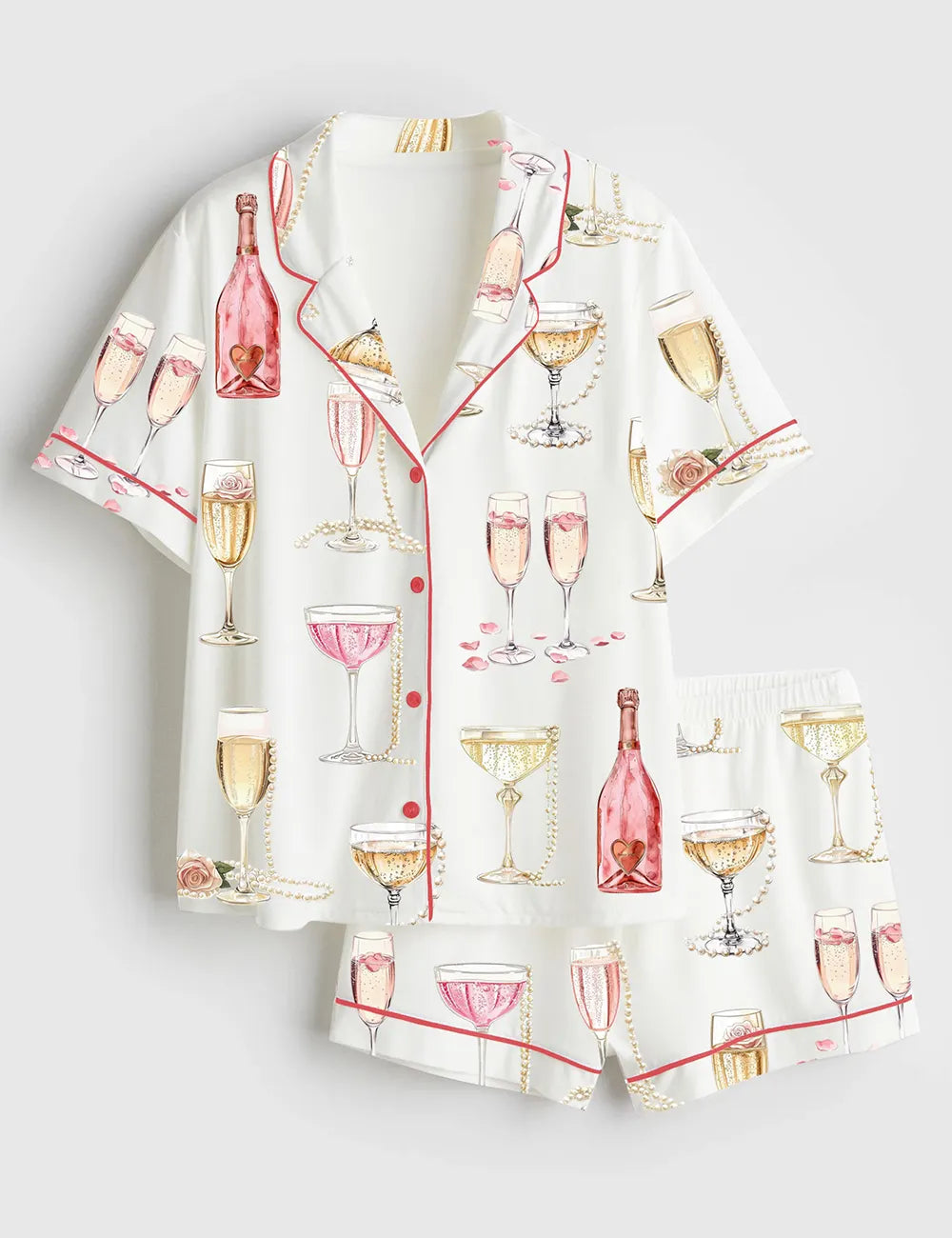 Women’s Pearls And Prosecco Bridal Shower Party Champagne Print Short Sleeve Satin Pajama Set