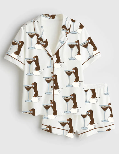 Women’s Dachshund Teeni Weeni Espresso Martini Short Sleeve Satin Pajama Set