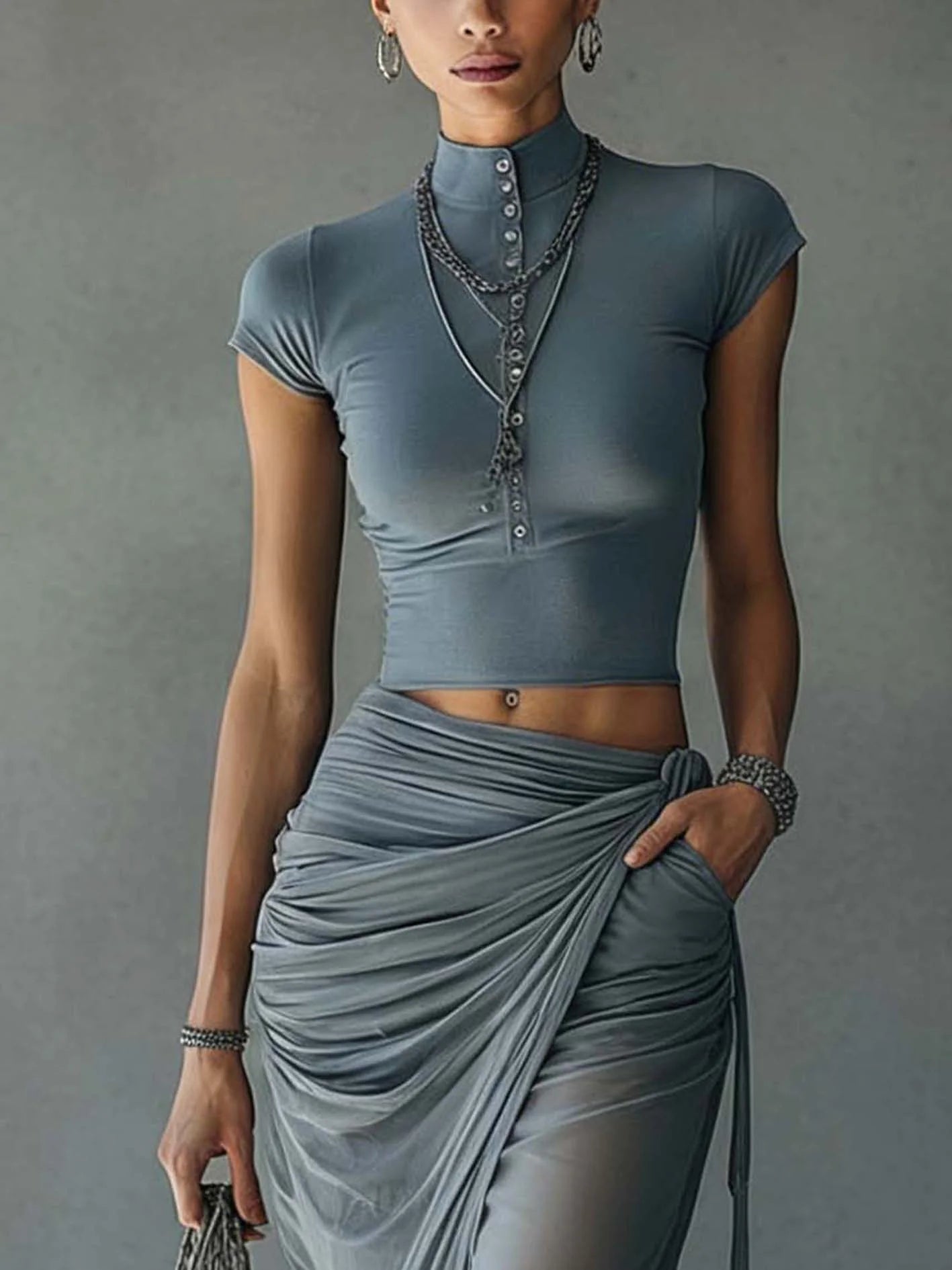 Mirae | Cropped Top & Draped Mesh Skirt Set