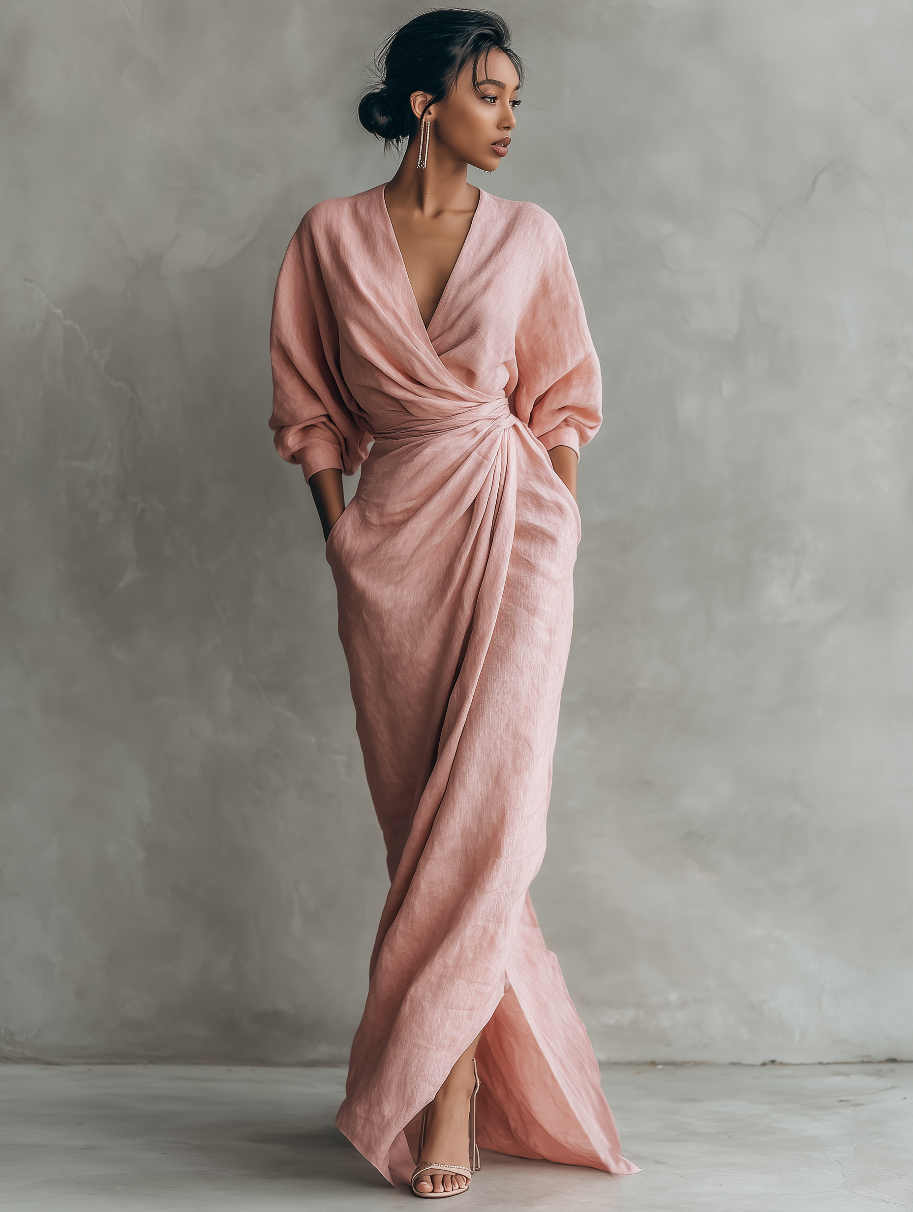 Women's Minimalist V-neck Linen Blend Maxi Dress