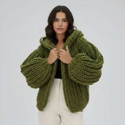 Oversized Cable Knit Hooded Open Front Cardigan For Women