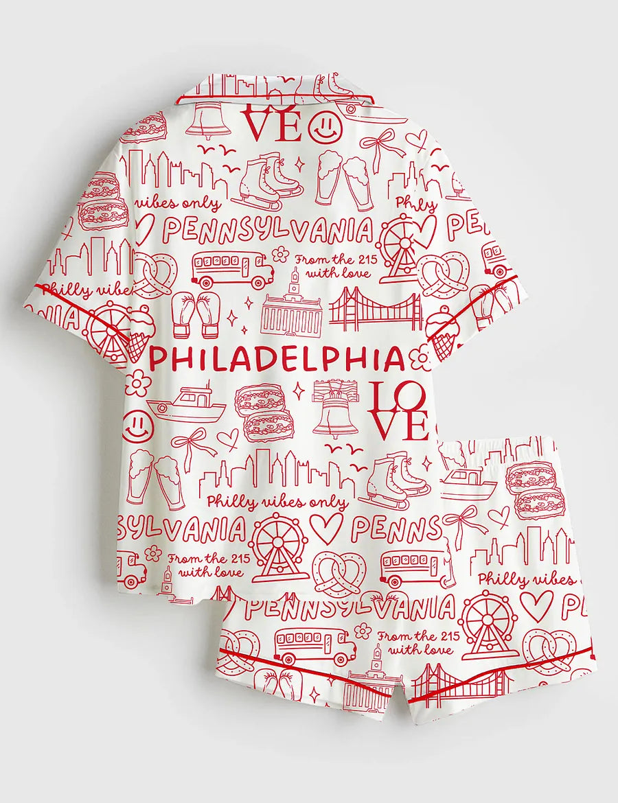 Women’s Philadelphia Icons Pennsylvania Landmarks I Love Philadelphia Short Sleeve Satin Pajama Set