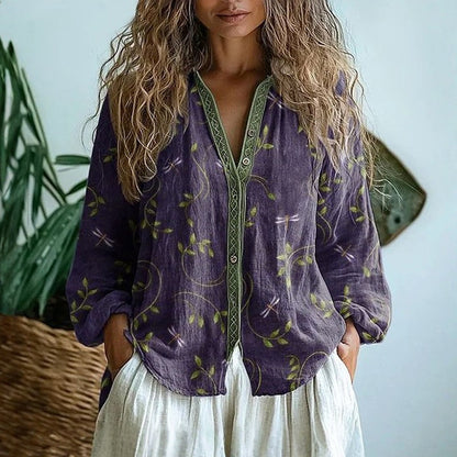 Elena — Vintage Leaf Print Button-Down Shirt
