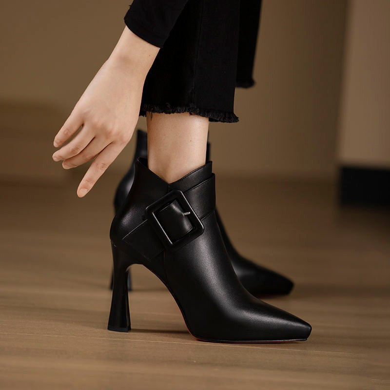 Remy | Leather Buckle Ankle Boots with Flared Heel