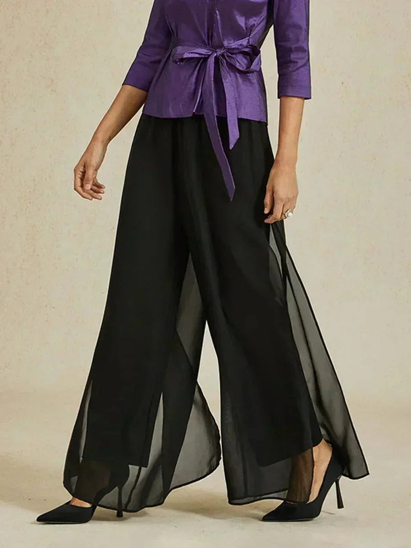 Women's Chiffon Overlay Straight Leg Pants | Elegant High-Stretch Evening Trousers