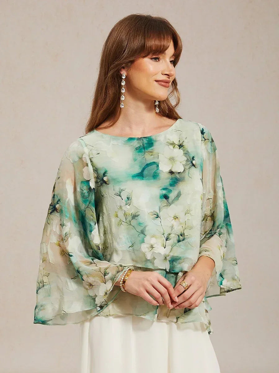 Women's Floral Lace Chiffon Blouse | Elegant Layered Top with 3/4 Bell Sleeves