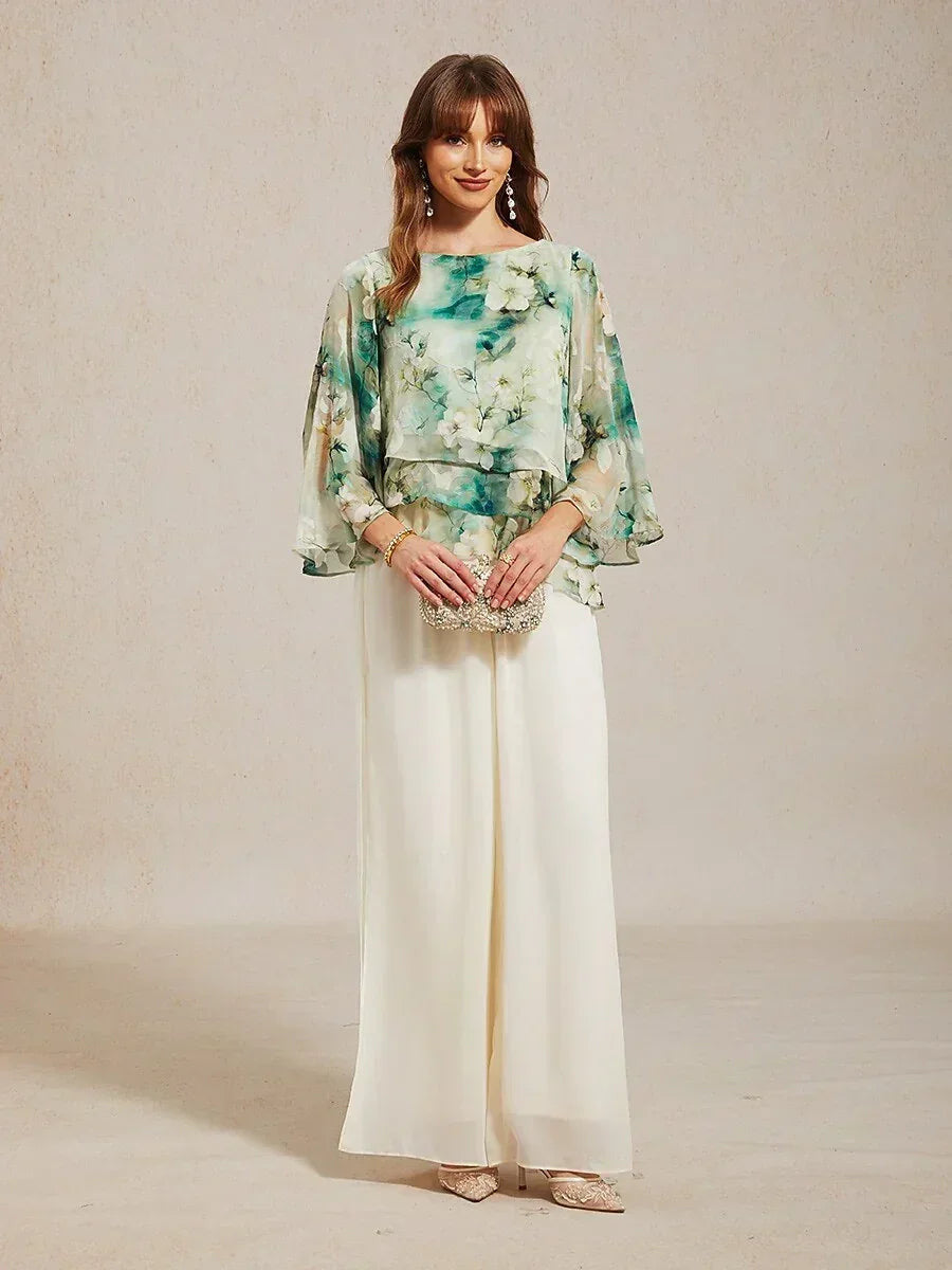 Women's Floral Lace Chiffon Blouse | Elegant Layered Top with 3/4 Bell Sleeves