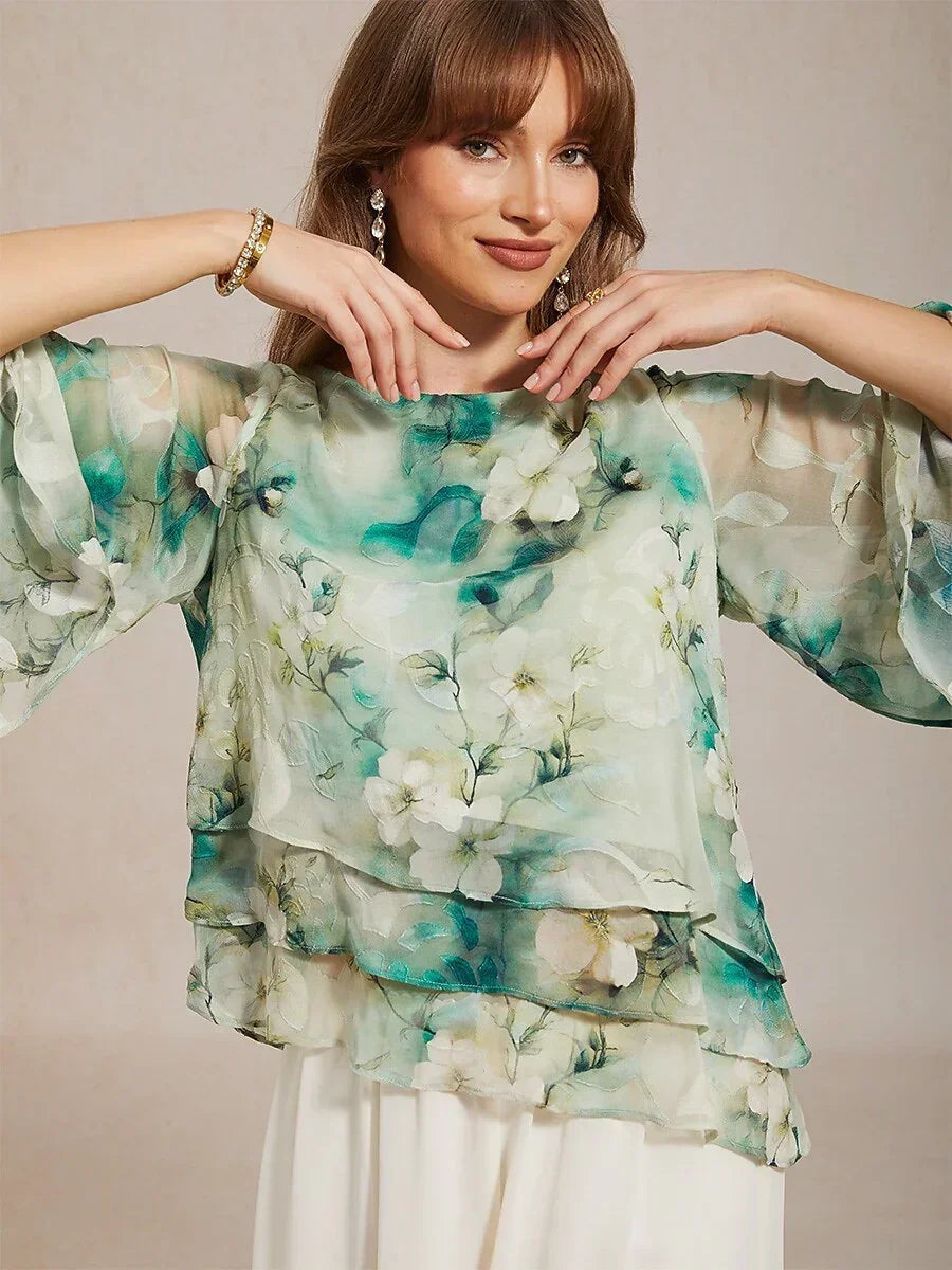 Women's Floral Lace Chiffon Blouse | Elegant Layered Top with 3/4 Bell Sleeves