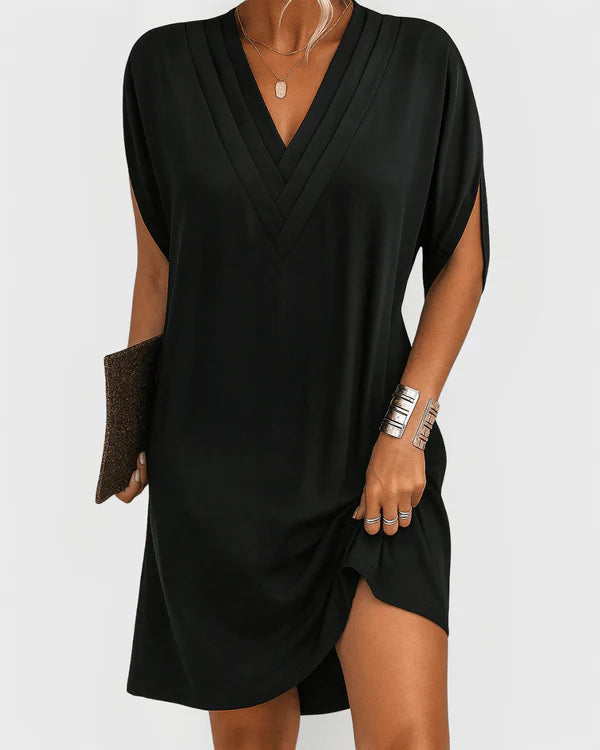 Women's Soft Fabric V-Neck Dress | Elegant Short Sleeve Summer Dress with Side Slit