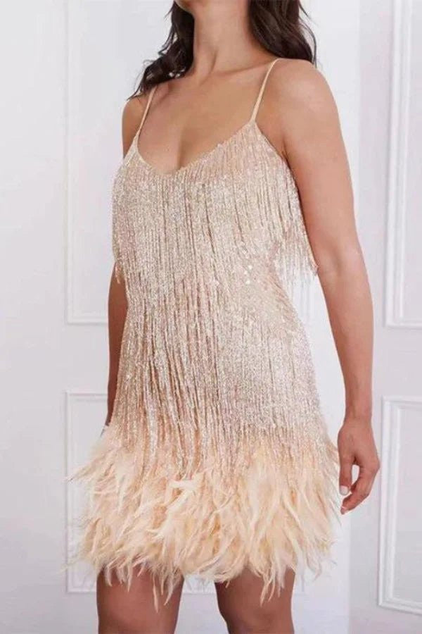 Elegant Sequin Mini Dress | Stylish Feather Stitching for Women’s Cocktail & Wedding Guest Events