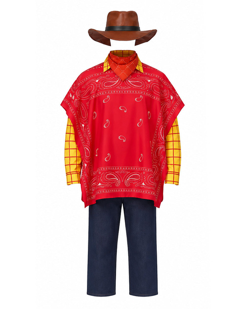 Boys Mens Western Sheriff Woody Costume Wanderer Cowboy Yellow Checkered Shirt Set with Hat for Cosplay