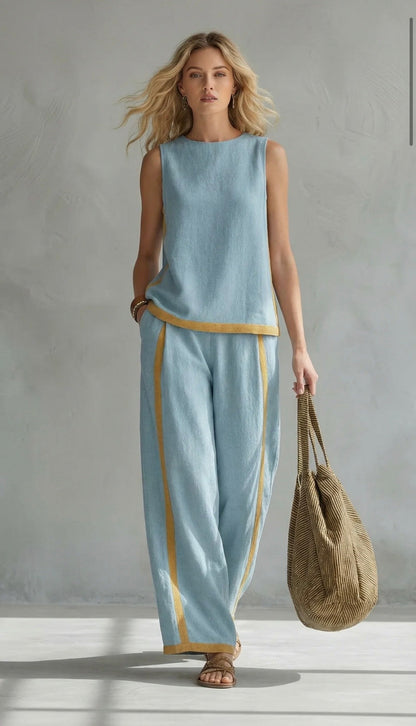 Leila | Contrast Trim Sleeveless Shell And Wide-Leg Linen Set