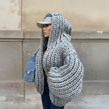 Oversized Cable Knit Hooded Open Front Cardigan For Women