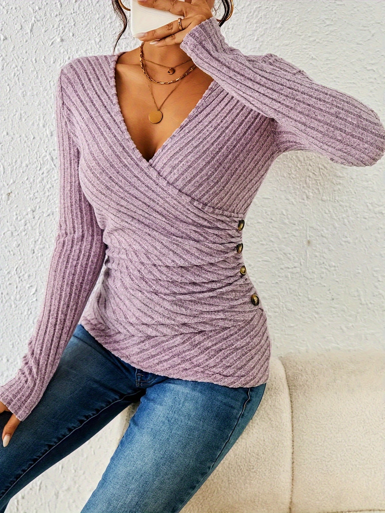 Women's Long Sleeve Wrap V-Neck Top