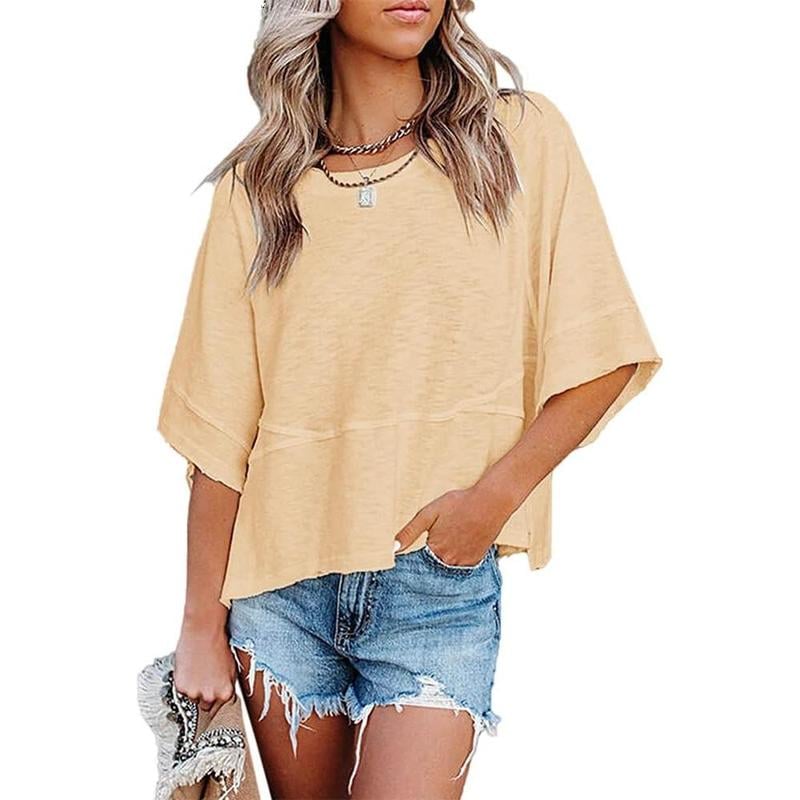 Women's Summer Casual Crewneck Batwing Half Sleeve T-Shirts Solid Color Loose Fit