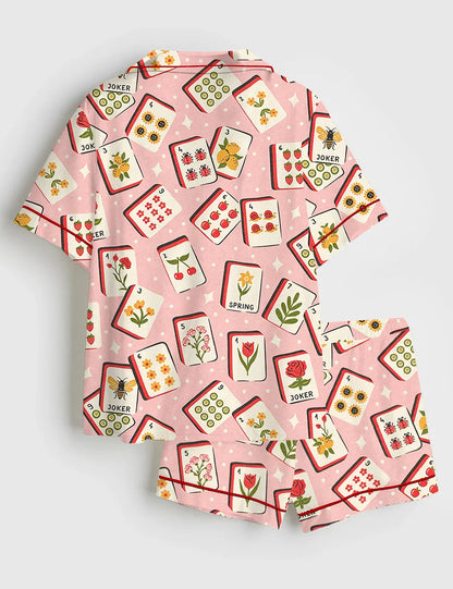 Women’s Mahjong Party Time Short Sleeve Silky Satin Pajama Set