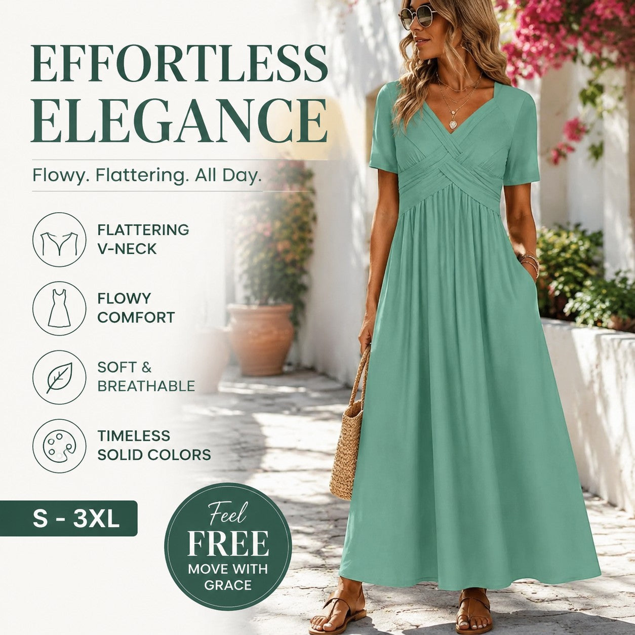 Flowy V-Neck Midi Dress – Soft & Breathable