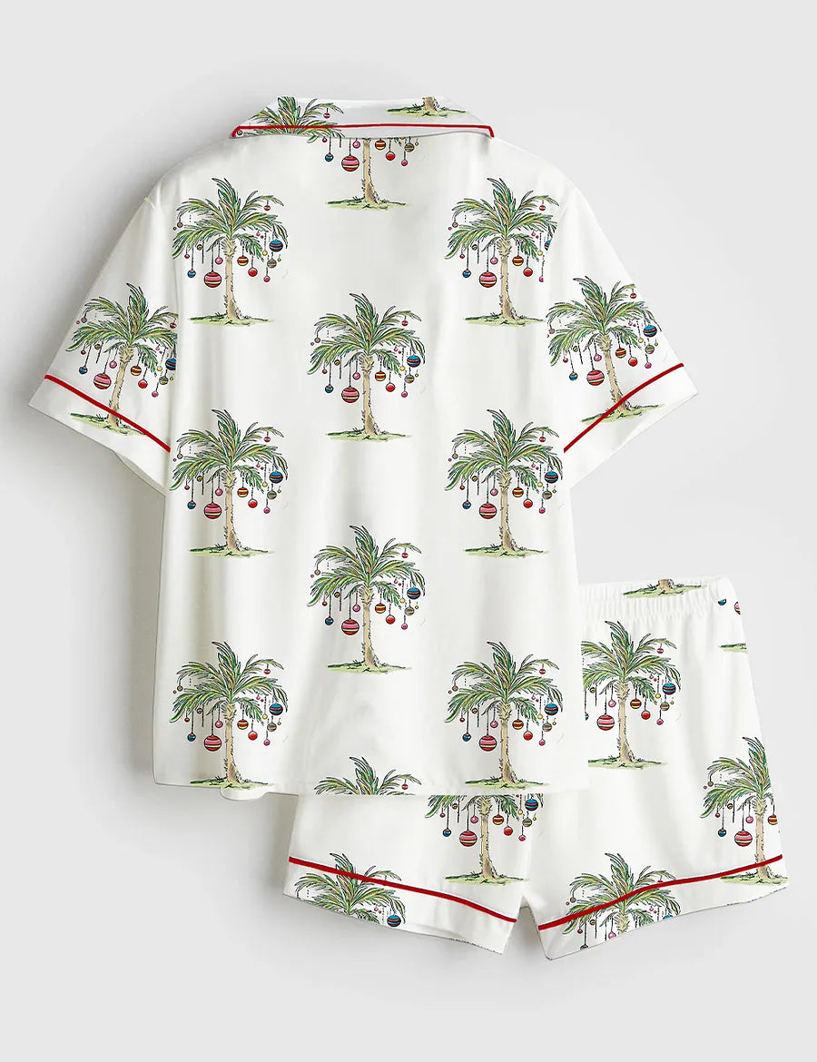 Women’s Tropical Christmas Aloha Holiday Beach Santa In July Hawaiian Print Short Sleeve Satin Pajama Set