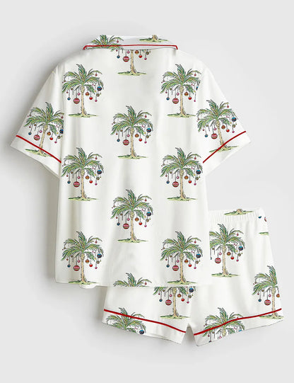 Women’s Tropical Christmas Aloha Holiday Beach Santa In July Hawaiian Print Short Sleeve Satin Pajama Set