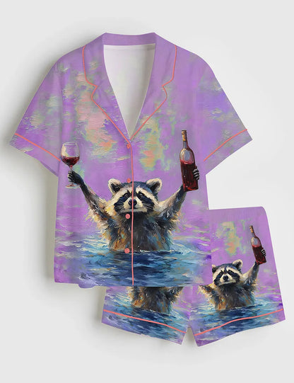 Women’s Raccoon Drinking Red Wine Short Sleeve Silky Satin Pajama Set