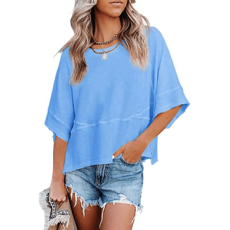 Women's Summer Casual Crewneck Batwing Half Sleeve T-Shirts Solid Color Loose Fit