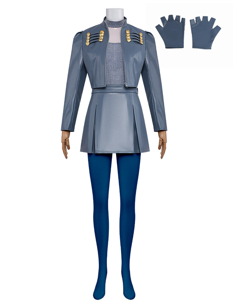 Wonderland Princess Chloe Costume Blue PU Leather Jacket Skirt Shirt with Leggings and Gloves 5pcs Outfit for Cosplay Party