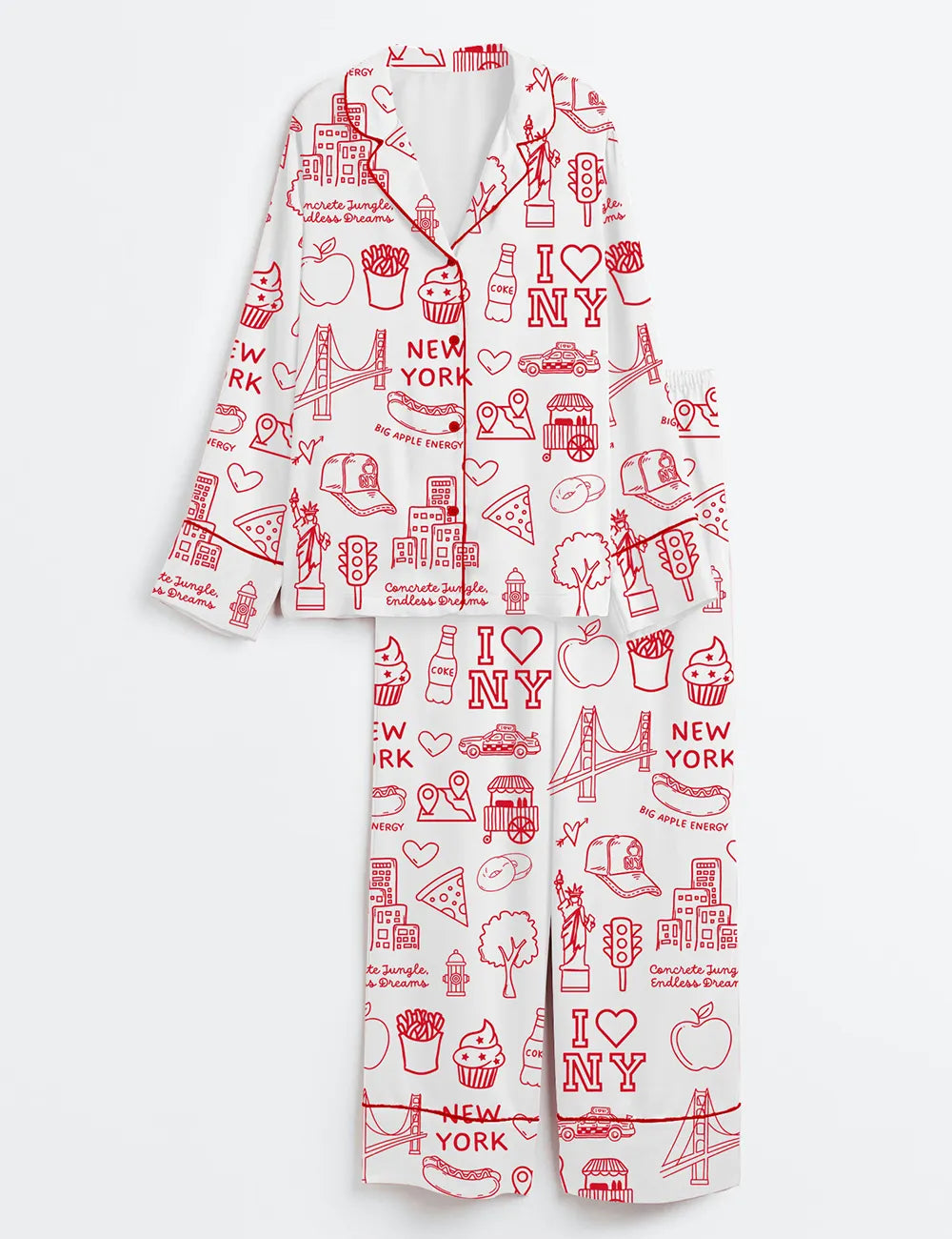 Women’s New York City Icons NYC Landmarks Big Apple Doodle Long Sleeve Satin Pajama Set
