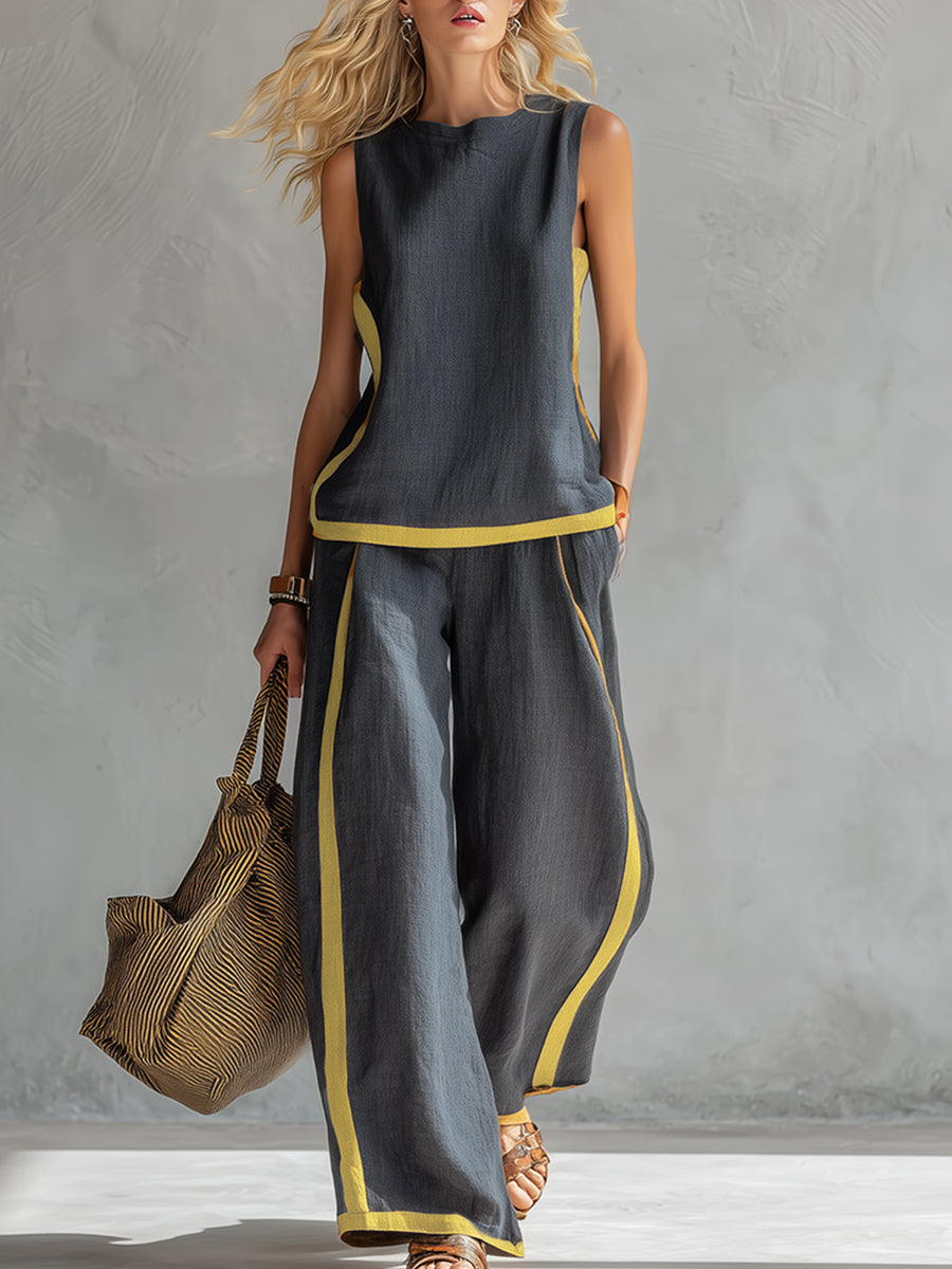 Leila | Contrast Trim Sleeveless Shell And Wide-Leg Linen Set