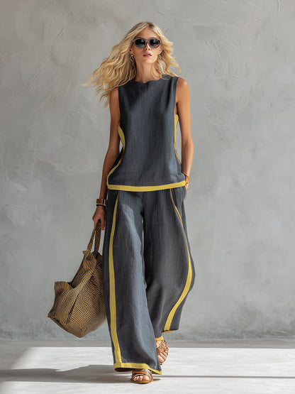 Leila | Contrast Trim Sleeveless Shell And Wide-Leg Linen Set