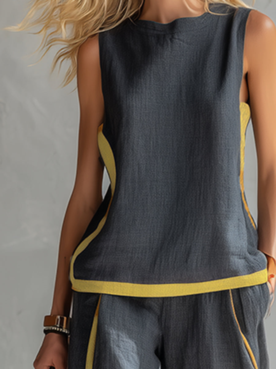 Leila | Contrast Trim Sleeveless Shell And Wide-Leg Linen Set