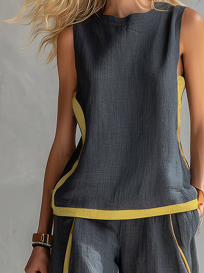 Leila | Contrast Trim Sleeveless Shell And Wide-Leg Linen Set