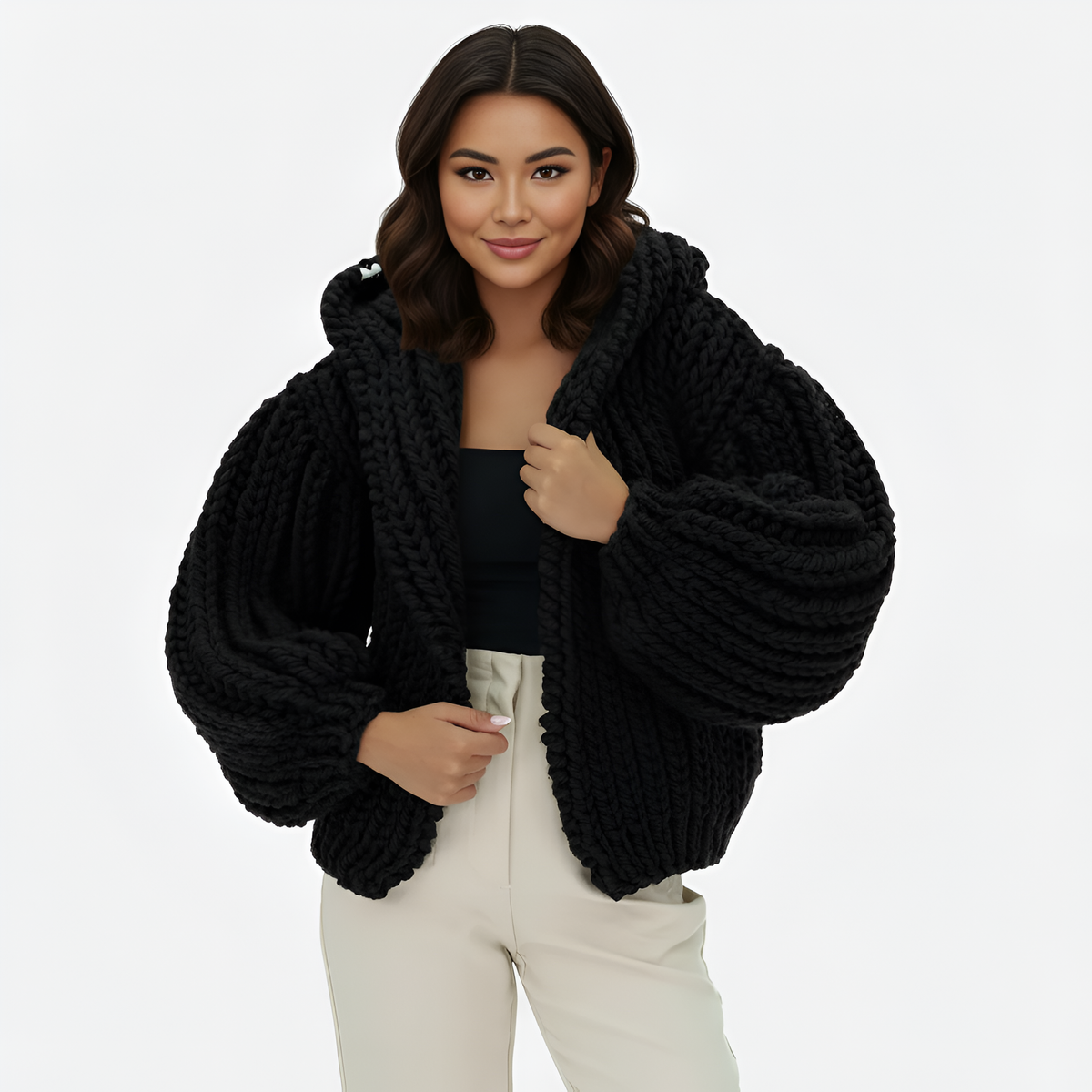 Oversized Cable Knit Hooded Open Front Cardigan For Women